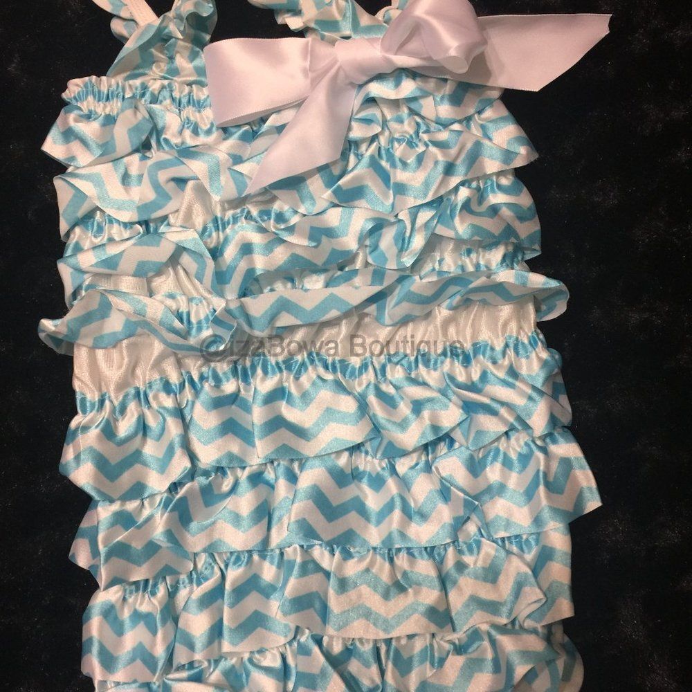 Aqua Chevron Satin Romper  R871  Small 3-12 months  NWT Boutique